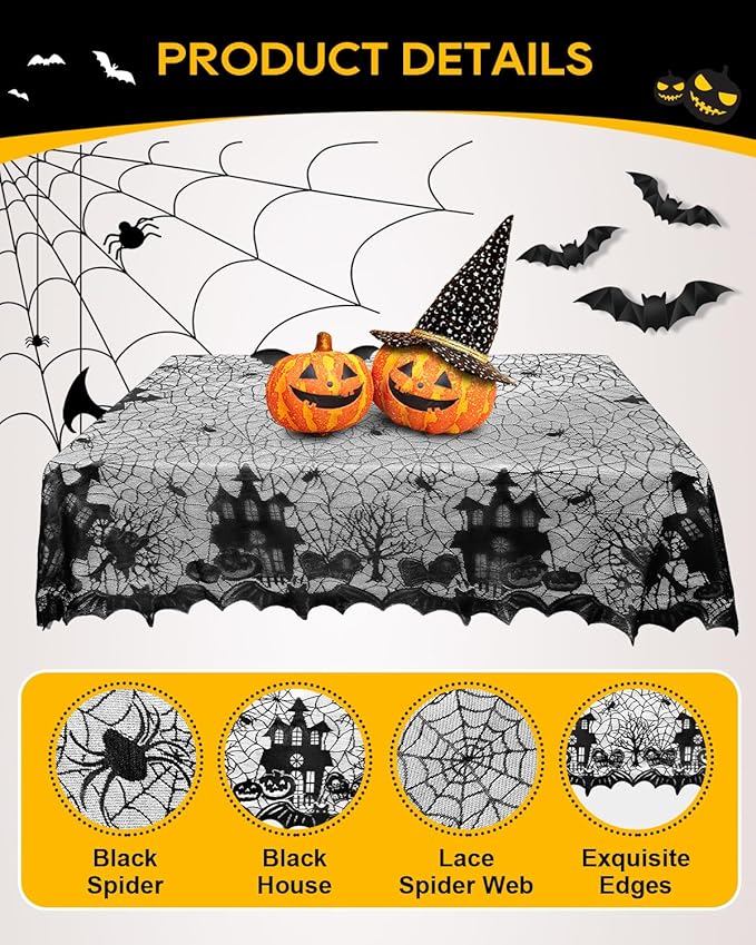eZAKKA Halloween Table Cloth with 16 Pcs Bats Wall Decor, Spider Web Table Cloth Black Tablecloth Lace Fabric Table Cloths for Rectangle for Parties Gothic Spooky Home Decorations, 53x68 Inch