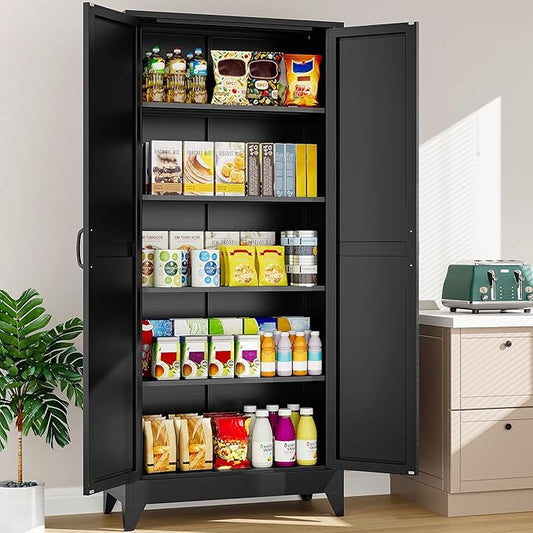 75" Tall Pantry Cabinet,Farmhouse Kitchen Pantry Storage Cabinets with 2 Doors and 5 Shelves,Black Metal Storage Cabinet,Large Cupboard for Home,Kitchen,Dining/Living Room