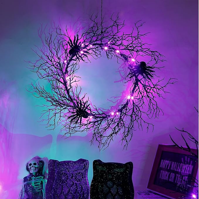 24 Inch Halloween Wreath for Front Door - Lighted Black Spider Wreath with Purple LED Lights, Outdoor/Indoor Spooky Decorations for Halloween Party, Porch, Holiday Home Decor