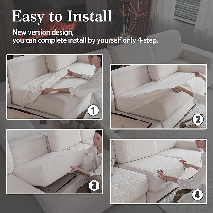 Couch Cushion Covers for Sectional Sofa, Stretch Soft Sofa Slipcovers Washable Wear-Resistant Universal Furniture Protector for Living Room(3 Seaters Covers+1 Chaise Cover, Ivory)