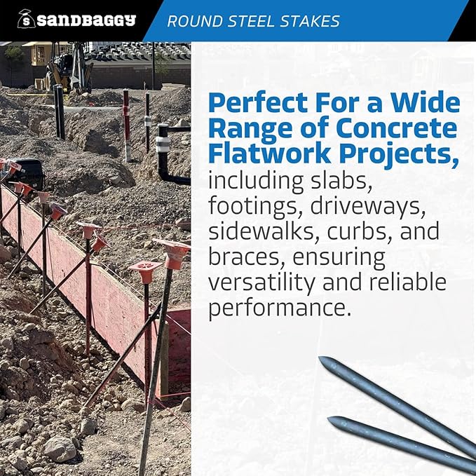 Sandbaggy Round Steel Concrete Form Stakes with Nail Holes - Rust Resistant Coating - Removable, Reusable (20, 3/4 in X 24 in)
