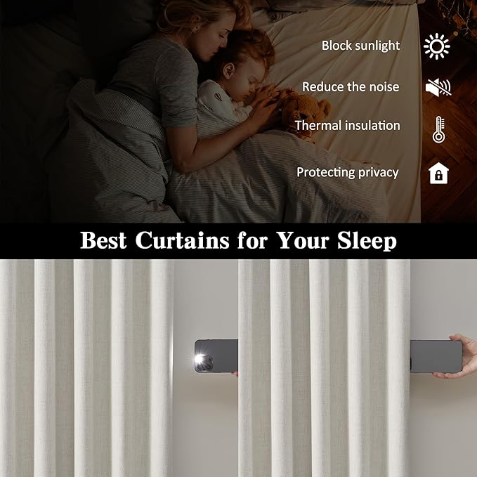 144 Inch Blackout Curtains 2 Panels Linen Textured 2 Story Extra Long Noise Reducing Curtains for Large Window Back Tab Pleated Look Rod Pocket with Hooks 50W x 144L,12 Ft Length Natural Birch/Ivory