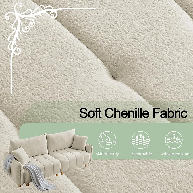 Convertible Sofa Bed, 90" Full Size Sleeper Sofa with Storage, Tufted Chenille 3 Seat Sofa Couches for Living Room, Small Spaces, Guest Room, Apartment, Beige