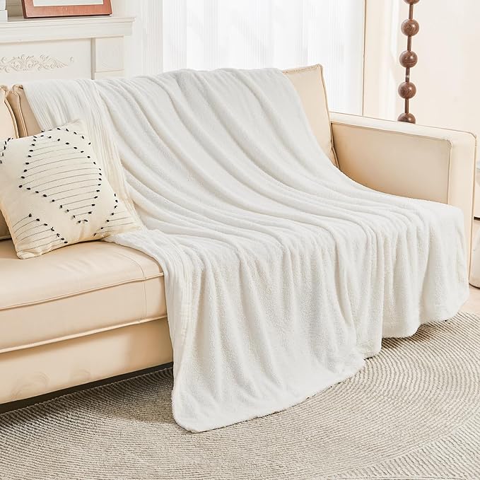 EMME Muslin and Fleece Queen Blanket Reversible - 80"*90" Cream Soft Warm Throw Blankets for Couch Bed Picnic Travel Bed