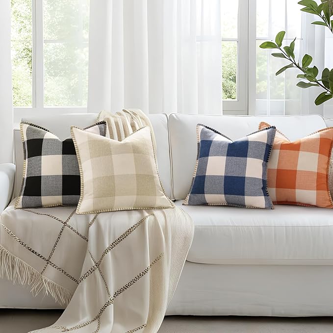 decorUhome Buffalo Plaid Check Throw Pillow Covers 16x16 Set of 2, Outdoor Decorative Farmhouse Neutral Pillow Covers with Stitched Edge for Bed Couch Sofa, Navy Blue and White