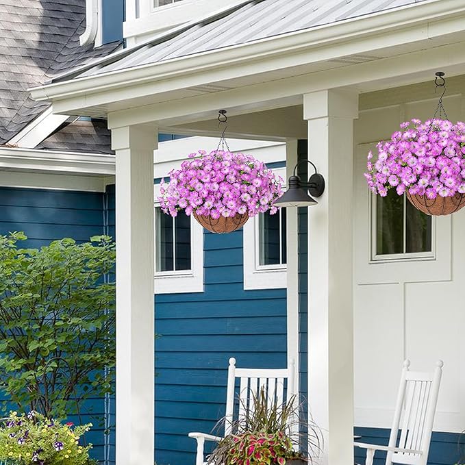 Artificial Faux Hanging Plants Flowers Basket for Outdoor Outside Spring Summer Decoration, Silk Purple Morning Glory in Planter UV Resistant Look Real Fake Flowers for Porch Patio Balcony Home Yard