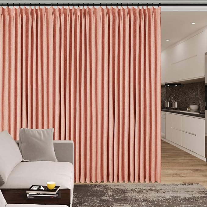Orange Pinch Pleat 100% Blackout Drapes Linen Blend, Room Divider, Room Darkening, Energy Saving, Furniture Protecting, Light Blocking Extra Wide Privacy Curtains, 240Wx84L, 1 PC