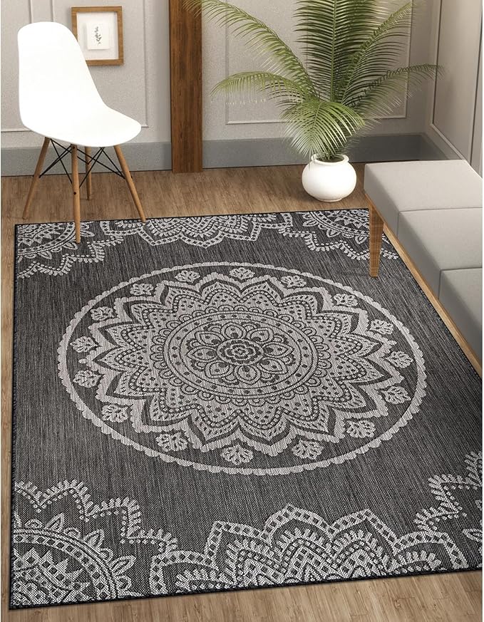 CAMILSON Outdoor Rug 8x10 Modern Area Rugs for Indoor and Outdoor Patios and Porches - Waterproof, Non-Shedding, Easy-to-Clean Outside Carpet (8 x 10, Medallion - Dark Grey/Light Grey)