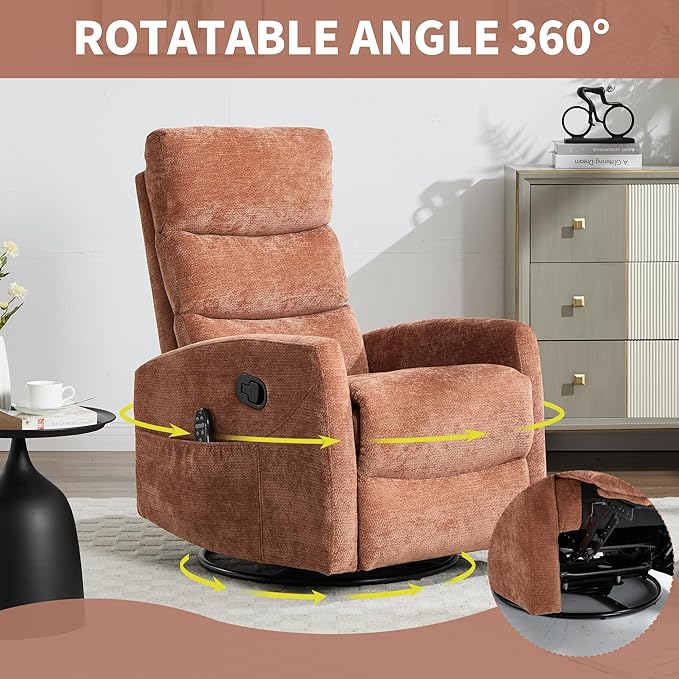 Manual Swivel Rocker Recliner Chair for Adults, Overstuffed Reclining Glider Chair for Nursing with Vibration Massage & Heat, Living Room Rocking Recliner 3-Stage backrest, Chenille Fabric Orange