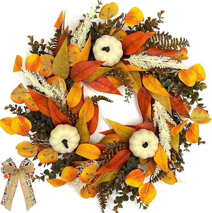 CYANBLOOM Fall Wreaths for Front Door: Rustic 20-22 Inch Bow Wreath with Golden Eucalyptus, White Pumpkins & Wheat - Lovely Warm Vibes Outdoor Indoor Farmhouse Decor for Halloween Thanksgiving Autumn