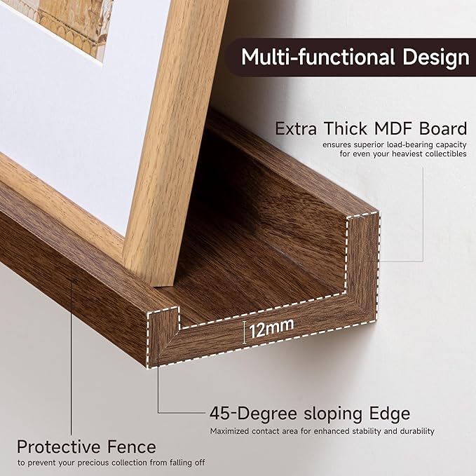 Floating Picture Ledge Shelves for Wall Set of 2, 95 Inches Picture Ledge Shelf with Long Large Nursery Book Shelf for Toys Storage Kids Bookshelf Wall Mounted Living Room Bedroom Decor Frames, Walnut