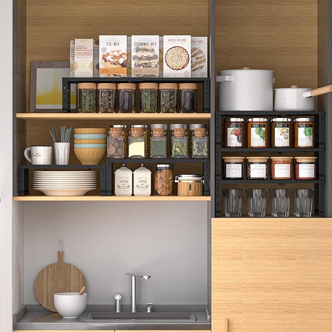 Expandable,Adjustable & Stackable Spice Rack, Cabinet Kitchen Countertop Shelf Organizer,Metal Pantry Storage Shelves - Space-Saving Storage Solution(1Pack/Black/Large)