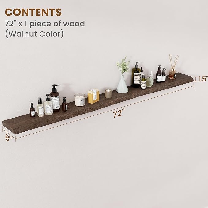 Floating Shelves for Wall Decor, Rustic Solid Elm Wood Floating Shelves Wall Mounted, Wall Shelves with Invisible Bracket for Living Room Bathroom Bedroom Kitchen, 72 Inch, Walnut