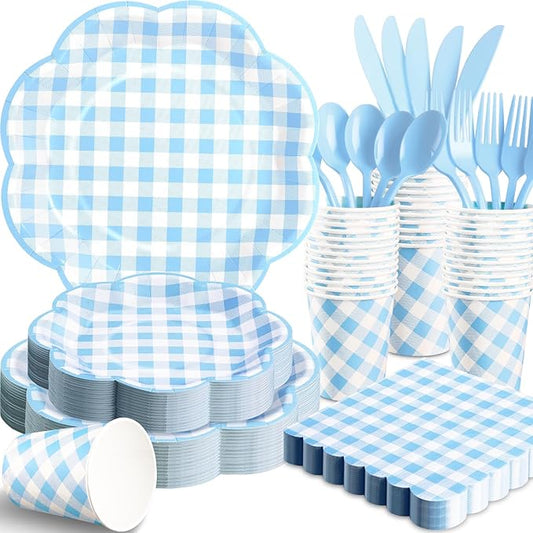 350 Pcs Blue Gingham Plates and Napkins Party Supplies - Blue and White Checkered Plates Sets Serve 50 Guests - Scalloped Gingham Paper Plate for Birthday Dinner Wedding Baby Shower Party Decorations