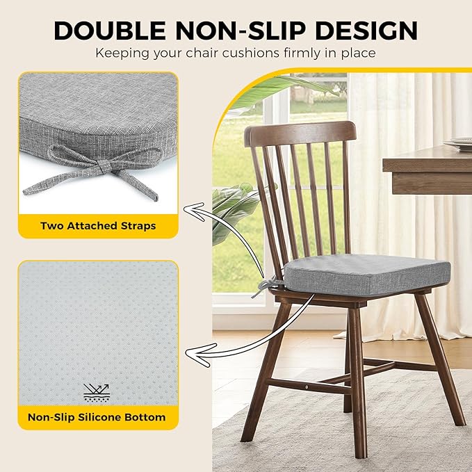 downluxe Indoor Chair Cushions for Dining Chairs, Soft and Comfortable Textured Foam Kitchen Chair Pads with Ties and Non-Slip Backing, 16" x 16" x 2", Light Grey, 2 Pack