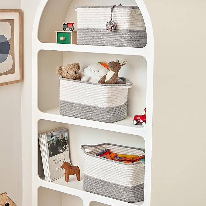 Cotton Rope Storage Basket Set of 3 (15"x10.2"x9.1") - Rectangle Storage Bins - Versatile Toy Storage Organizer - Perfect for Kids, Dog Toys, Books, Shelves - White & Grey