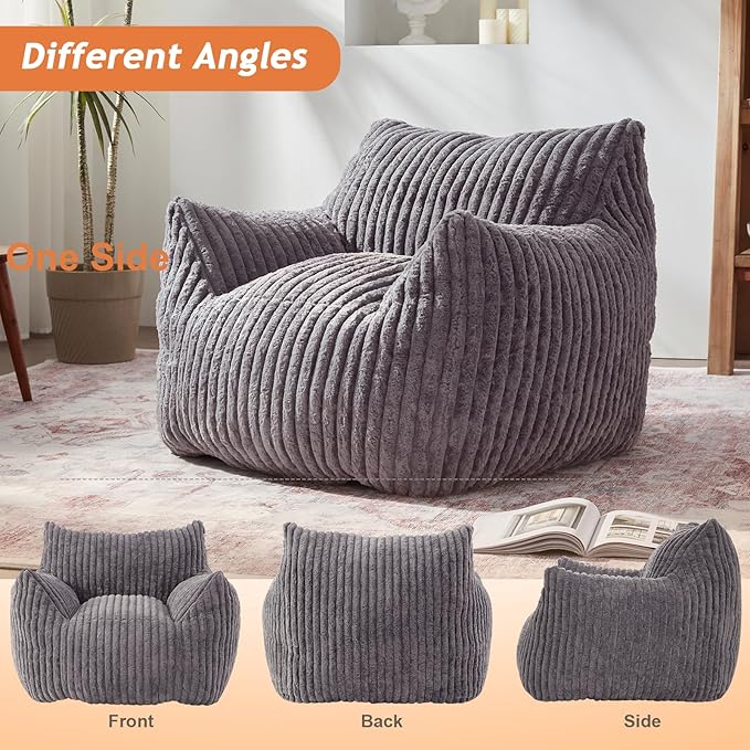 Giant Bean Bag Chairs for Adults with Filling Plush Fluffy Bean Bag Chairs for Teens with Armrests Comfy BeanBag Lazy Couch Sofa Chair for Bedroom Living Room Reading (Dark Gray2, M-for Teens/Adults)