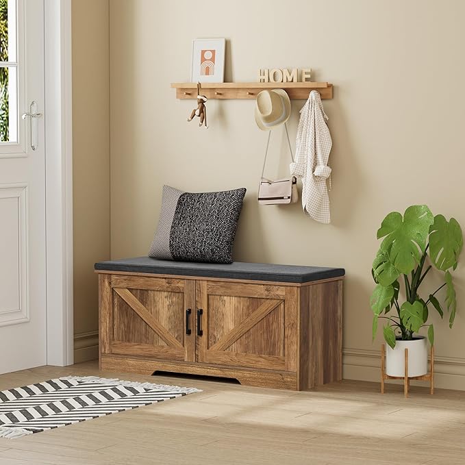 2-Tier Storage Bench, Shoe Bench with Padded Seat Cushion, Entryway Bench with 2 Barn Doors, Adjustable Shelf, 13.8" D x 39.4" W x 17.7" H, for Entryway, Living Room, Bedroom, Rustic Walnut