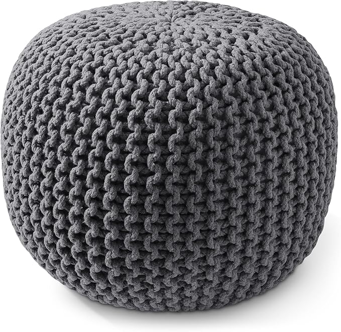Casafield Round Pouf Ottoman, Dark Gray - 20" Diameter x 14.5" High Cotton Knit Foot Stool - Boho Floor Pouffe for Living Room, Bedroom, Home Office
