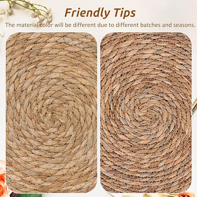 Defined Deco Woven Placemats Set of 10, 13" Round Rattan Placemats,Natural Hand-Woven Water Hyacinth, Farmhouse Weave Place Mats, Rustic Braided Wicker Table Mats for Dining Table, Home, Wedding