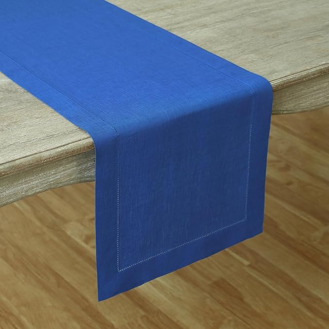 Solino Home Linen Royal Blue Table Runner 108 Inches Long - 100% Pure Linen 14 x 108 Inch Table Runner - Classic Hemstitch
