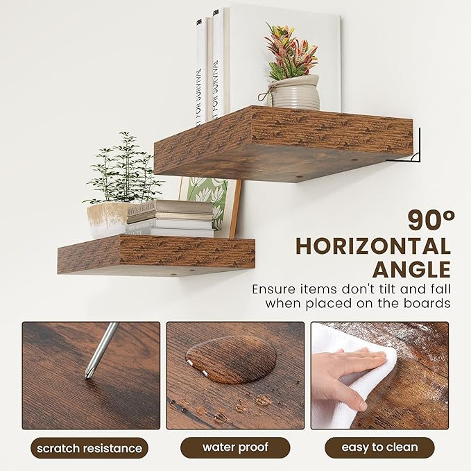 Deep Floating Shelves for Wall | 16 Inch Wide x 12 Inch Deep Floating Shelves Set of 2 | Rustic Wood Wide Wall Shelves | Bookshelf Laundry Shelf TV Shelf