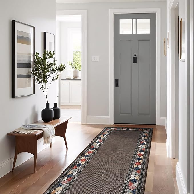 Beverly Rug Outdoor Runner Rug 2x7 Modern Floral Bordered Area Rugs for Indoor and Outdoor Patio Easy to Clean Non Shedding Living Room Porch Garden Washable Outside Carpet (2 x 7 Brown)