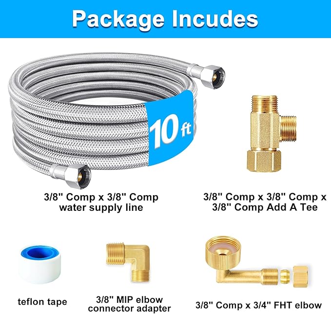 Dishwasher Installation Kit - 10 FT Stainless Steel Braided Dishwasher Hose kit,Food Grade PEX Inner Tube Water Line with Add A Tee,3/8"MIP Elbow,3/8"x3/4"FHT Elbow