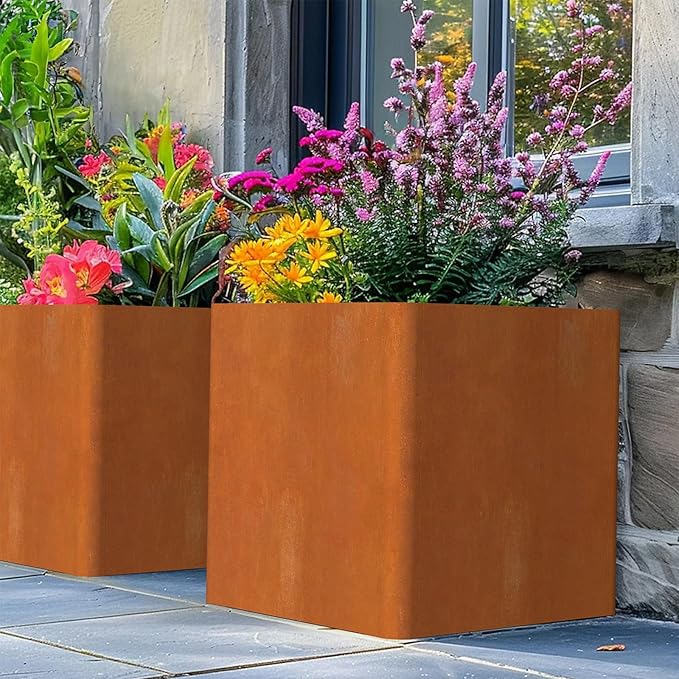 Corten Steel Large Square Planter 26"x26"x26, Cube Metal Planter Pot with Drainage Holes for Outdoor, Large Flower Pots for Patio Deck and Yard