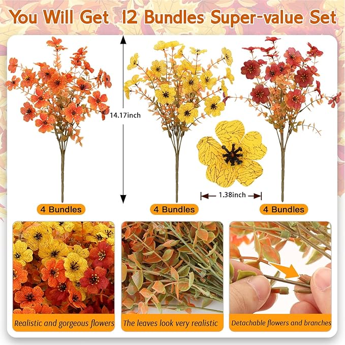12 Bundles Artificial Fall Flowers Faux Mums for Outdoor Indoor, Artificial Plants Daisy Faux Plants Fake Mums for Fall Decor Pots Patio Garden Porch Autumn (Orange，Brown，Yellow) (12)