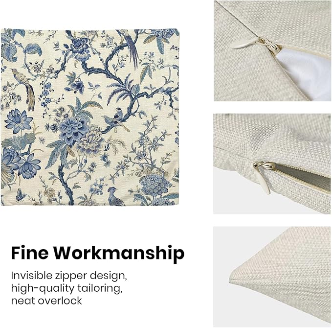 CXMEIFLY Spring Floral Birds Pillow Covers 16 x 16 Inch Set of 2 for Chinoiserie Flowers Decor Throw Pillows Blue and White Plant Outdoor Decorative Cushion Cases for Couch Bed Decorations