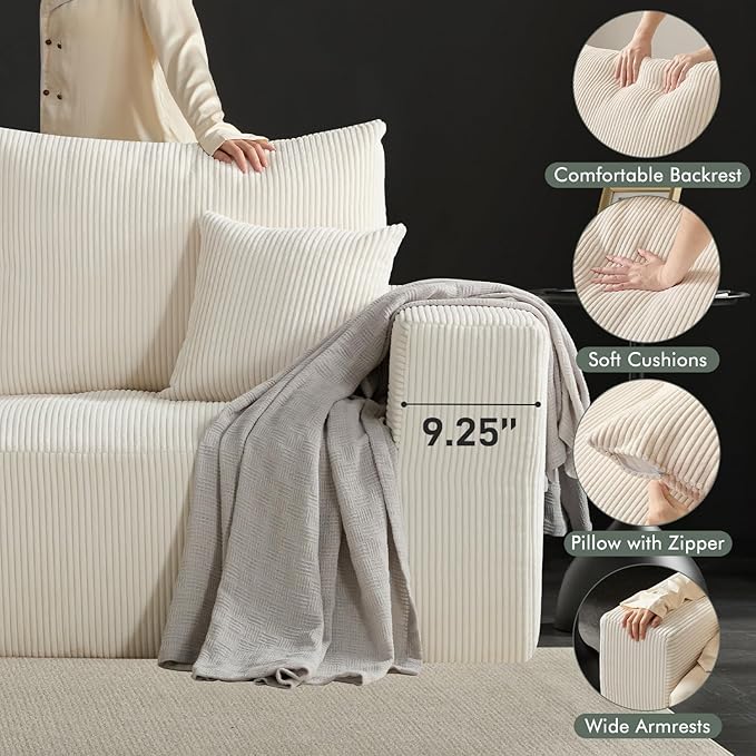 Boneless Sectional Cloud Couch Sofa Bed for Living Room, 112" Modular Modern Lounge 3 Seater Sleeper Beige Couches with Chaise, No Assemble, Cordury Compression Upholstered Sofas