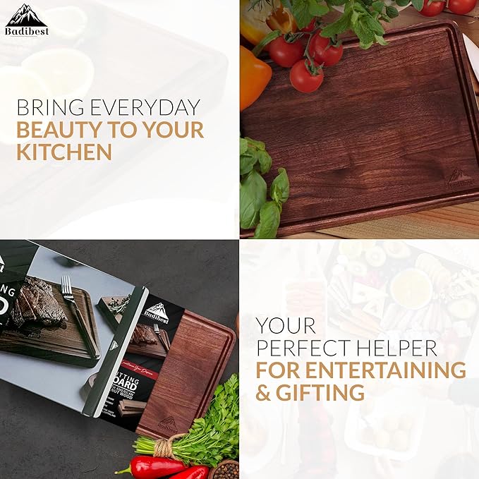 Handcrafted Walnut Wood Cutting Board 12x8, Non Toxic Kitchen Chopping Board with Juice Groove Charcuterie Serving Board, Eco & Knife Friendly Small Wooden Cutting Boards for Kitchen, Restaurant Use