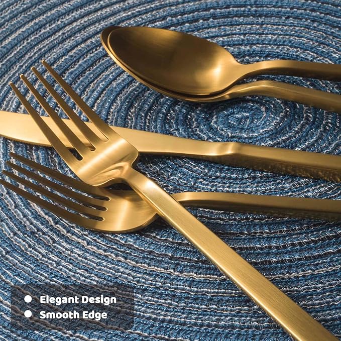 Alata Cube Gold 45-Piece Flatware Set, Forged Cutlery Set, Matte Gold Silverware Service for 8, Stainless Steel Tableware with Square Handle for Home/Restaurant, Dishwasher Safe