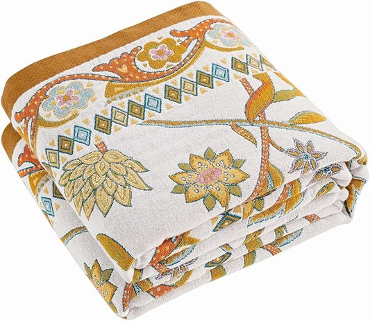 Fall Throw Blanket for Couch, Brown Boho Decorative Throw Blanket, 100% Cotton Muslin Breathable Woven Farmhouse Blankets Quilt, 60"x80" Reversible Lightweight Blankets Bohemian Throw Quilt