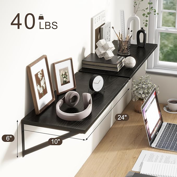 Deep Black Floating Shelves for Wall, 24"W x 10"D Wall Shelves Set of 2, 10 Inch Deep Floating Shelf with Brackets, Wide Display & Storage Shelves for Books, Living Room, Kitchen, Bathroom