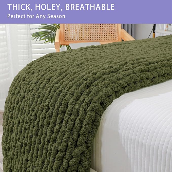 Bigacogo Chunky Knit Throw Blanket for Couch, 51x63 inches, 100% Hand Knitted with Thick Jumbo Chenille Yarn, Cozy Soft Large Rope Knot Cable Crochet Blankets for Sofa Bed Living Room, Yellow Green