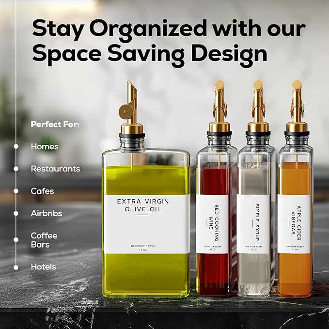 Glass Olive Oil Dispenser Bottle for Kitchen by Brighter Barns - Coffee Syrup Dispenser, Oil and Vinegar Bottle - Modern Kitchen Essentials for Home, Restaurant, Coffee Bar, Airbnb (Clear, Set of 2)