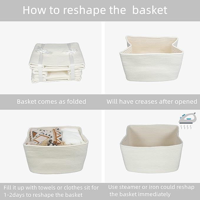 Cotton Rope storage Basket Bins Woven Basket for Organizing Shelves Rectangle Decorative Baskets For storage Clothes Toys Books Towels Square Wicker Nursery basket organizer 3 pack white