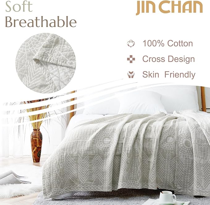 jinchan Boho 100% Cotton Muslin 50x60 Throw Blanket Lightweight 3-Layer Light Grey Blanket Washable Reversible Breathable Decorative Geometric Striped Patterned Soft Cozy for Sofa Bed All Season Gift