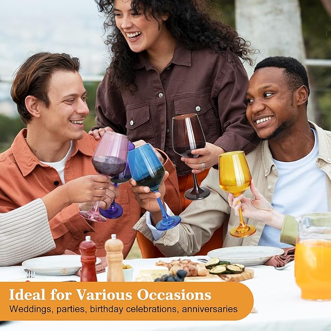 Colored Wine Glasses Set of 6-12oz Colorful Long Stem Wine Glass Cups, Multi Color Pretty Crystal Glassware, Hand Blown Goblets Drinkware, Unique Drinking Stemware Holiday Gift Set for Women