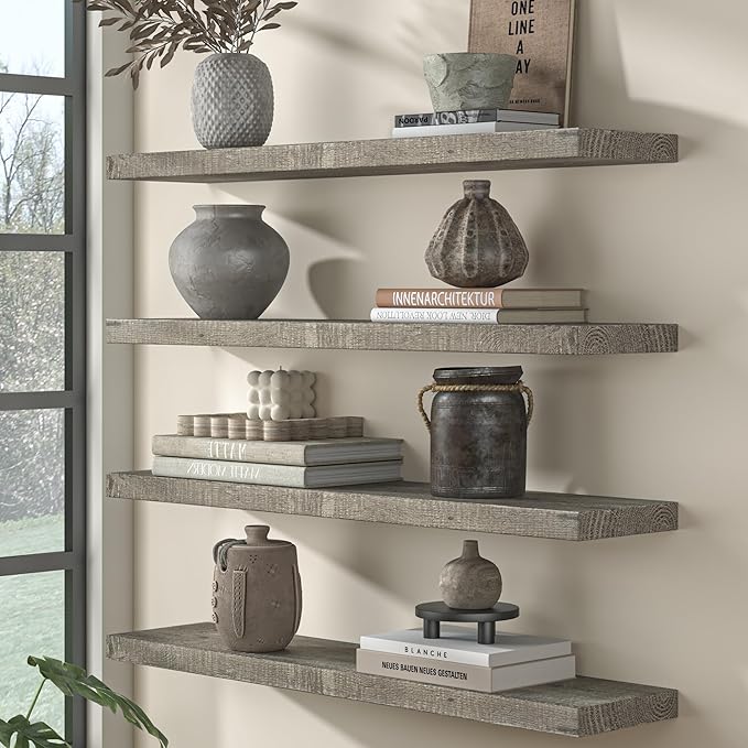 Fun Memories Floating Shelves for Wall Dec, 72"x8" Rustic Reclaimed Wood Shelves, Heavy-Duty Wall Mounted Shelves with Invisible Brackets for Living Room, Bedroom, Kitchen, Grey Finish