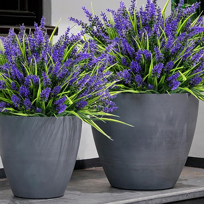 Geegoods 48 Bundles Artificial Plants Flowers Outdoor – Faux Lavender Flowers with Monkey Grass UV Resistant Plastic Faux Plants for Garden Porch Window Patio Hanging Planter Home Decor