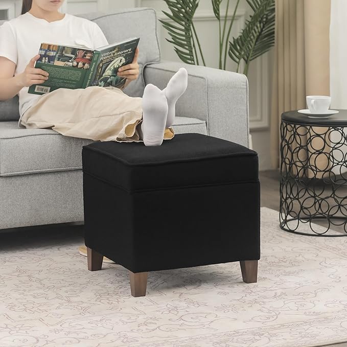 Adeco 17.5" Square Fabric Ottoman with Storage - Upholstered Cotton Linen Foot Rest - Flip Top Footstool with Sturdy Wood Legs, Small Cube Coffee Table Extra Seat for Living Room, Bedroom, Black