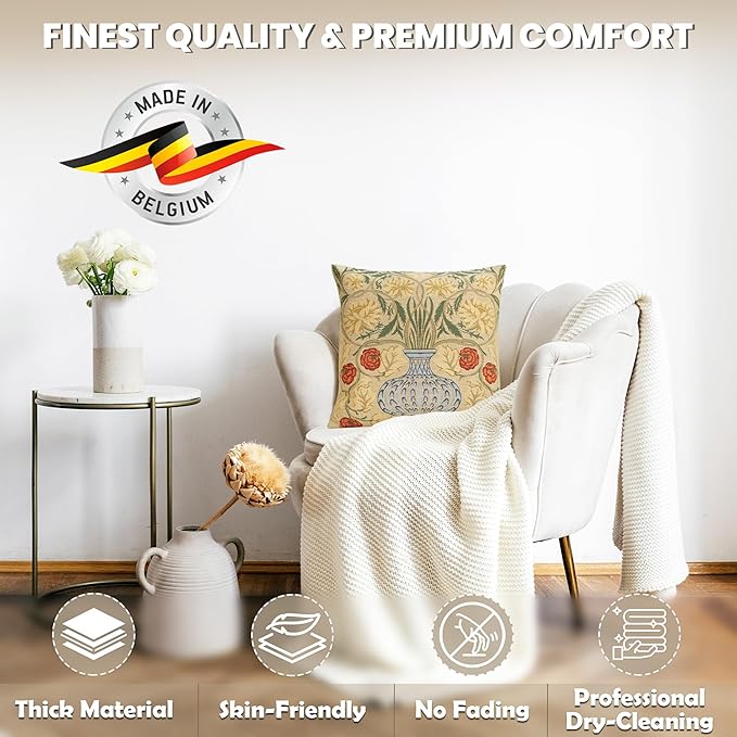 Charlotte Home Furnishings Throw Pillow Covers, Decorative Boho Pillow Covers for Couch, Living Room, Yellow Rose Square Cushion Cases 18x18 in, European Cotton Jacquard Woven for Cozy Bedroom Decor