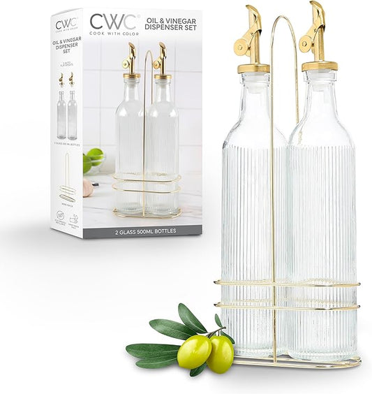 COOK WITH COLOR Glass Olive Oil Dispenser Bottle - 2 Pack, 17 oz Cruet - Elegant Carafe Decanter with Spout for Kitchen, Suitable for Vinegar, Coffee Syrups & Other Liquids