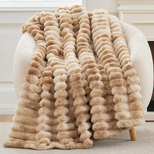 Cozy Bliss Faux Fur Throw Blanket for Couch, Cozy Warm Plush Striped Blanket for Sofa Bedroom Living Room, 50 * 60 Inches Tie-dye Kahki