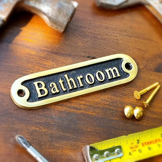 Bathroom Brass Door Sign. Traditional Style Home Décor Wall Plaque Handmade By The Metal Foundry UK.