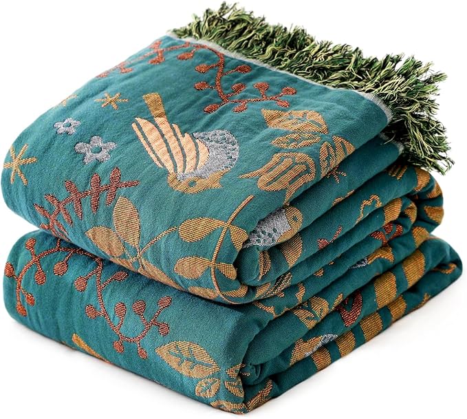 MSGKV Boho Throw Blanket Queen Size Cotton Blanket for Couch and Sofa Living Room Blanket Summer Bed Cozy Gauze Blanket 90" x 90"