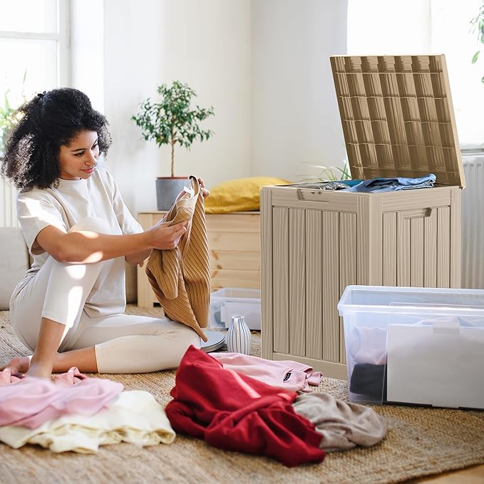 28 Gallon Deck Box Large Outdoor Storage for Patio Furniture,Outdoor Cushions,Garden Tools and Pool Supplies,Waterproof,Resin,Lockable(Grey)